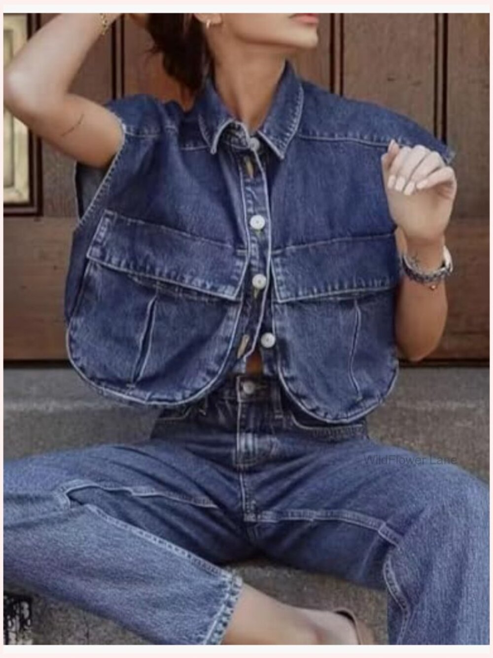 Sleeveless Cropped Denim Button Down Shirt with Pockets - Picture 2 of 7